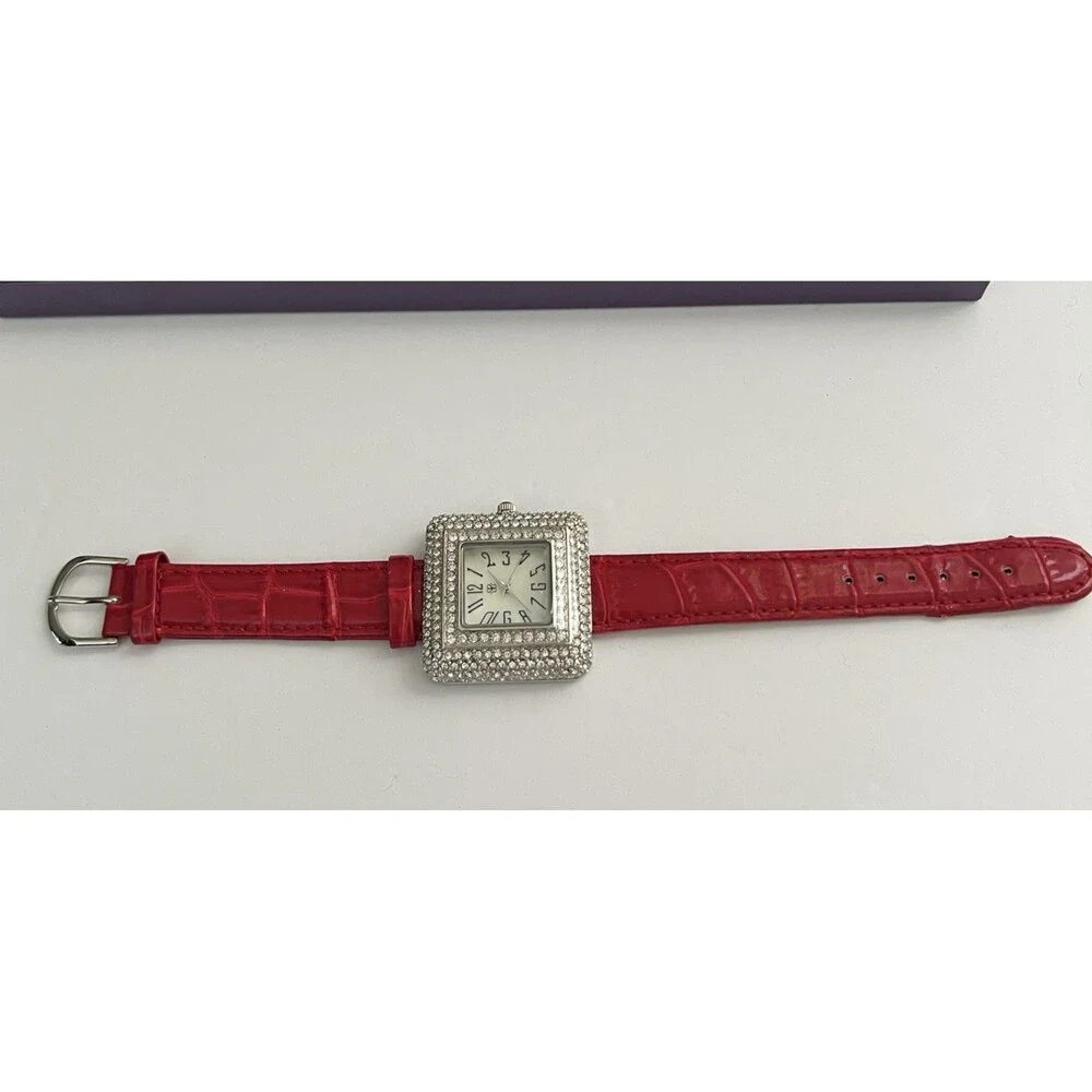 Suzanne Somers Collection Crystal Rhinestones Red Leather Womens Quartz Watch